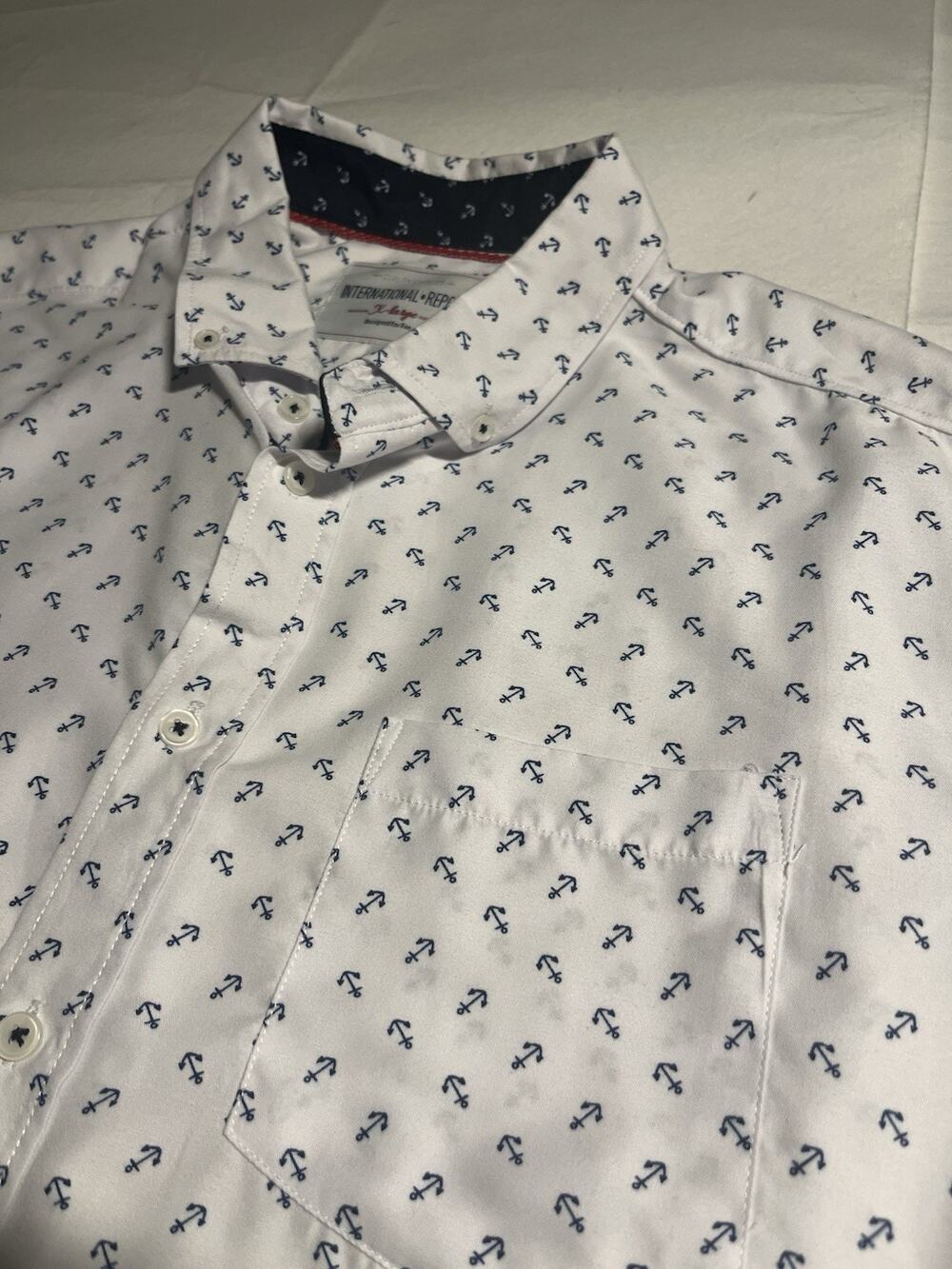 International Report Mens XL Anchor Print Shirt White Blue Nautical Short Sleeve